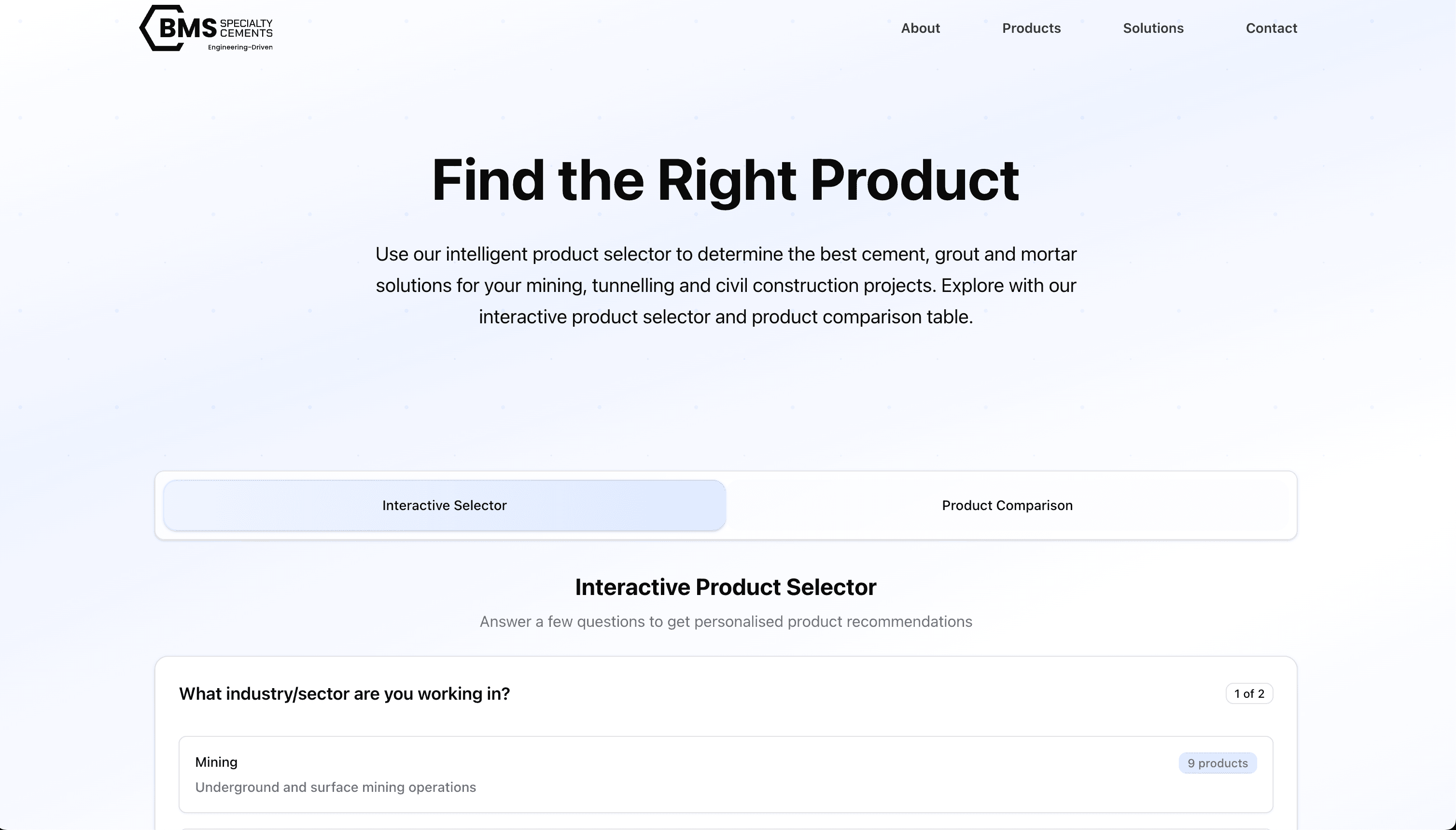 The new website's product selector